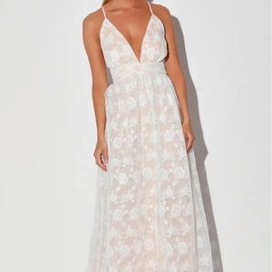 Lulus Ivywood White and Biege Embroidered Lace Backless Maxi Dress